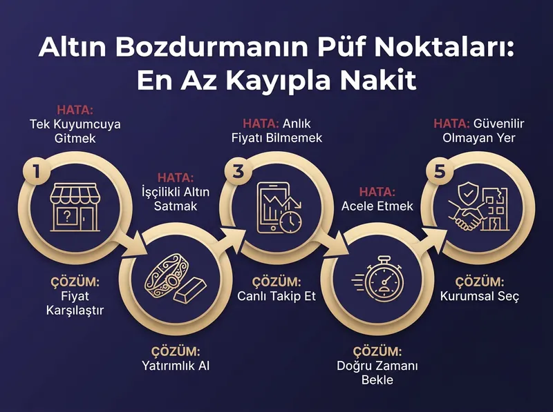 Altın bozdurma esnasında en sık yapılan hataları ve korunma yöntemlerini özetleyen kontrol listesi.