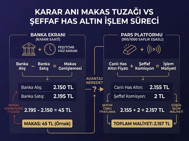 Merkez bankası karar saatlerinde bankalardaki makas genişlemesi ile fiziki/has altın işlem avantajı arasındaki fark.