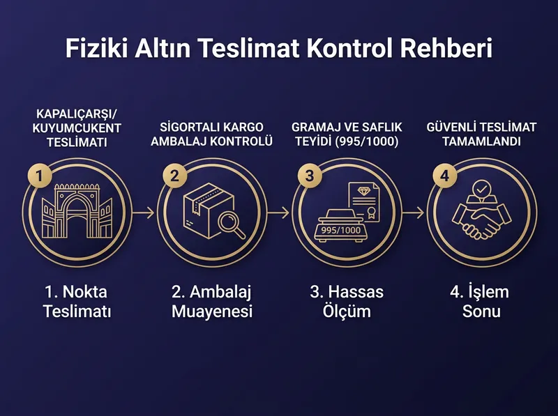 Fiziki altın teslimat kontrol adımları: Kapalıçarşı/Kuyumcukent teslimatı, sigortalı kargo ambalaj kontrolü ve 995/1000 saflık teyidi akış şeması