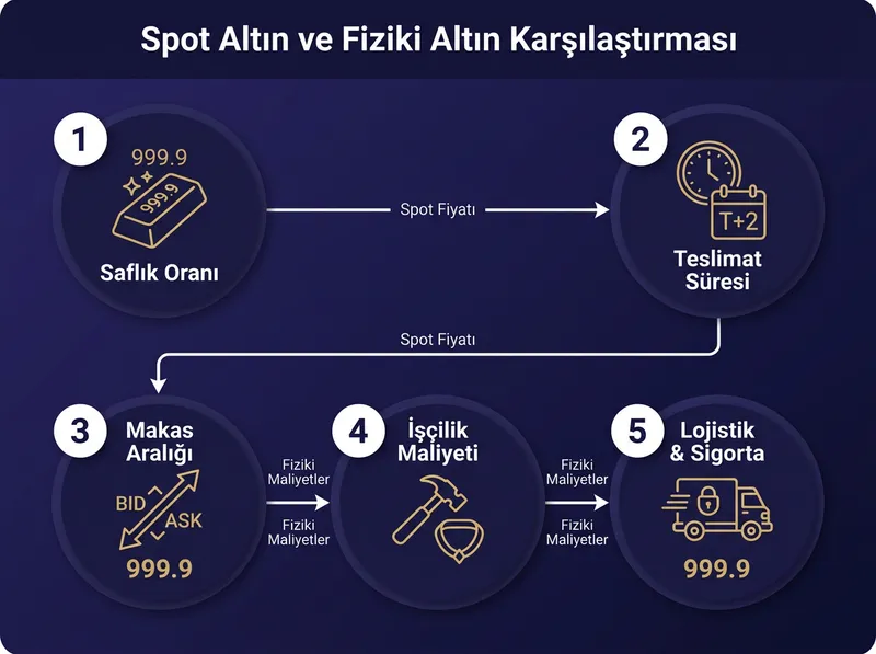 Spot ekran fiyatı ile elinize aldığınız fiziki altın arasındaki maliyet bileşenlerini şeffaf biçimde karşılaştıran görsel.