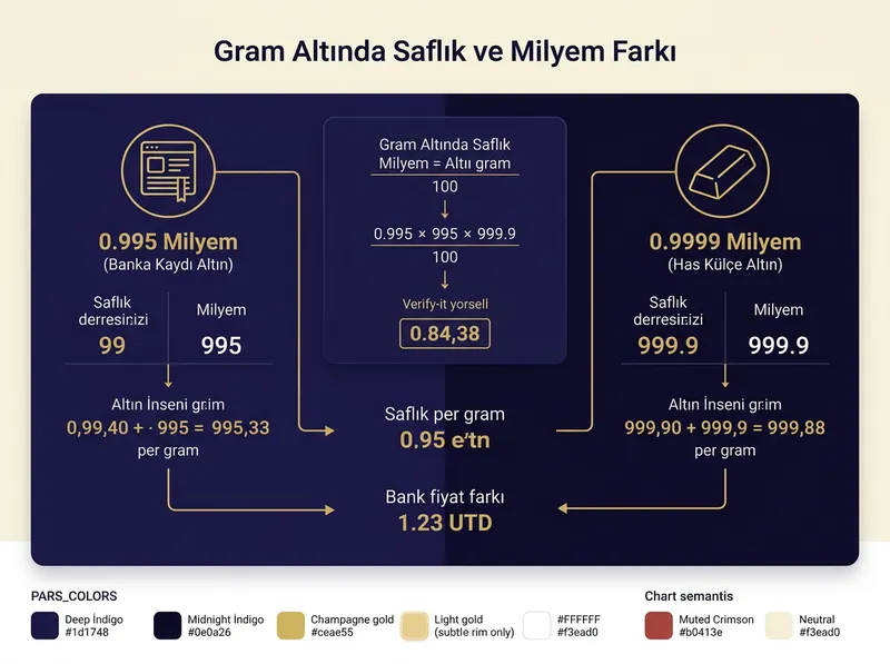 0,995 banka altını ile 0,9999 fiziki külçe altın arasındaki saflık ve fiyatlandırma farkını gösteren tablo.