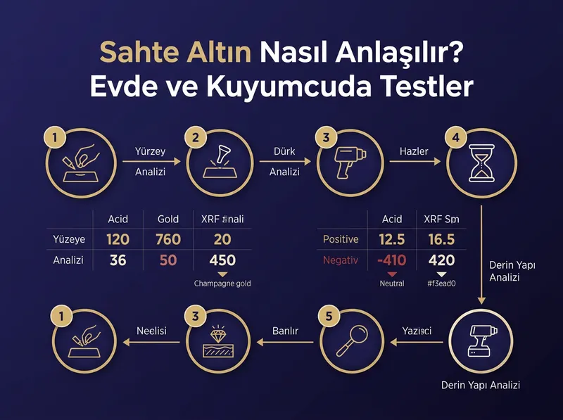Kuyumcularda uygulanan mihenk taşı ve XRF analiz cihazlarının farklarını gösteren teknik şema.