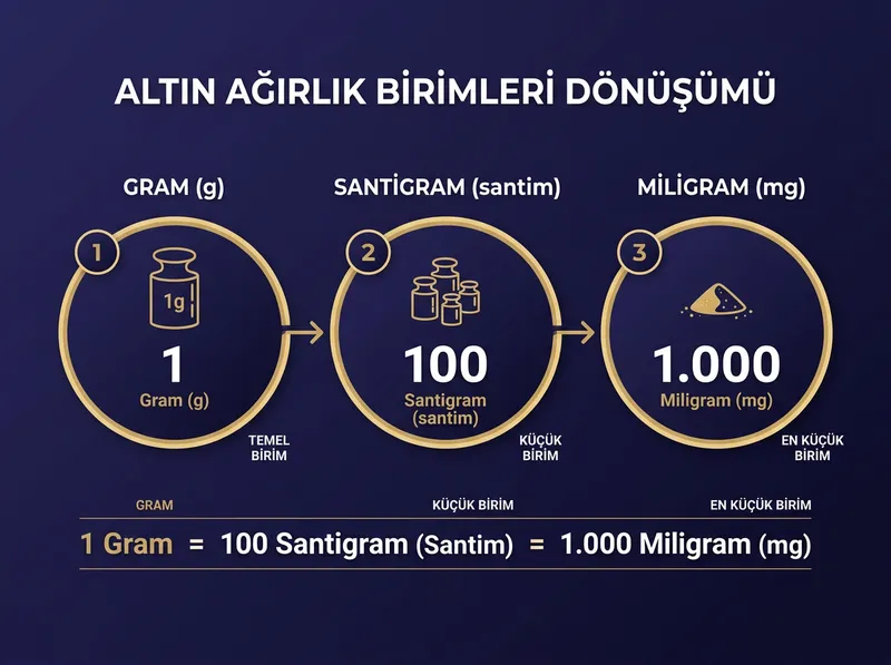 Kuyumculukta kullanılan gram, santigram (santim) ve miligram birimleri arasındaki matematiksel ilişkiyi açıklar.