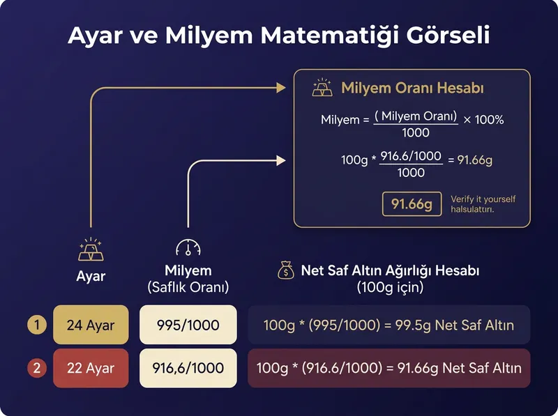 Altında ayar ve milyem kavramlarının saflık oranına ve net saf altın ağırlığına etkisini açıklayan şema.