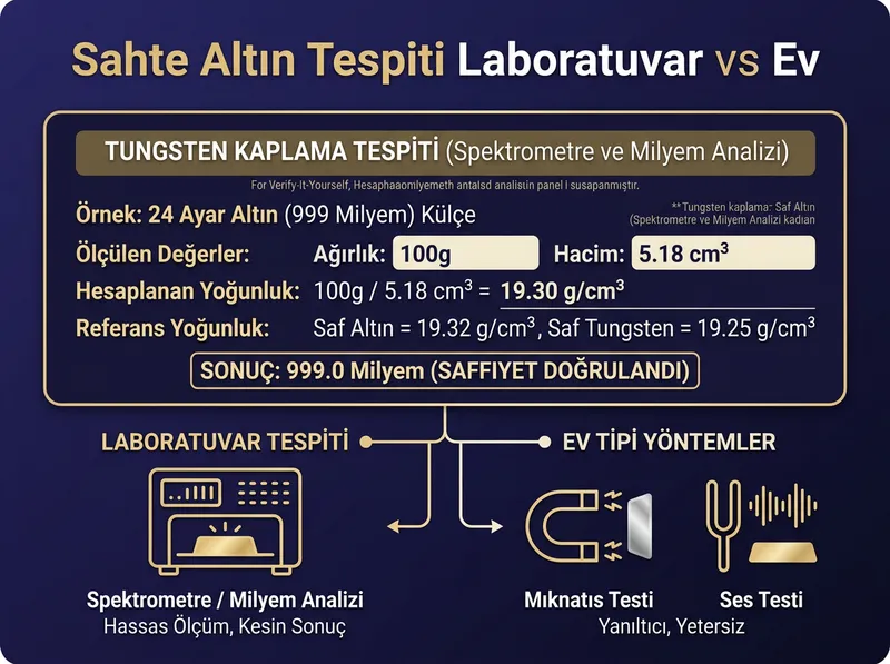 Tungsten kaplama gibi gelişmiş sahteciliklerde ilkel testlerin yetersizliğini ve professional ayarevi spektrometre ölçümünün önemini vurgular.