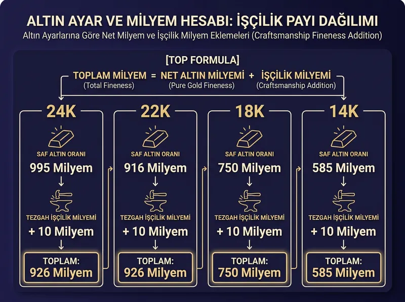 Altın ayarlarına göre net milyem ve işçilik payı dağılımını gösteren görsel şema.