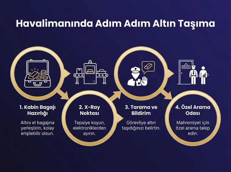 Uçak seyahatinde X-ray ve güvenlik taramasından altınla sorunsuz geçiş adımlarını gösteren süreç şeması