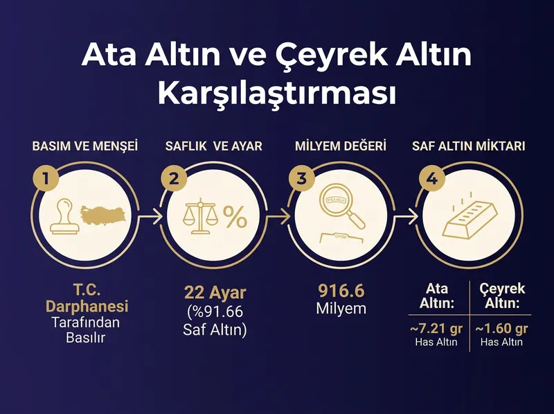 Ata altın ve çeyrek altının teknik özellikleri ve saf altın miktarları özeti.