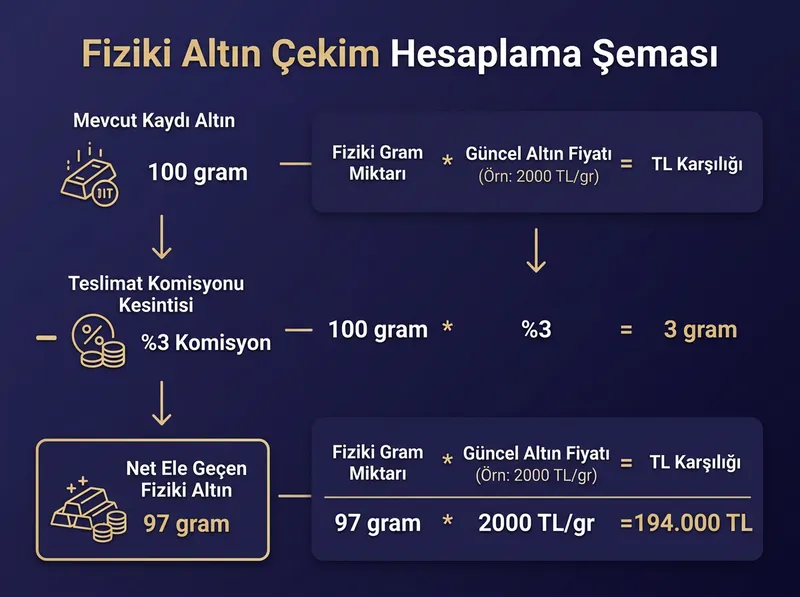 Kaydi altından fiziki altına geçerken katlanılan komisyon ve milyem farkı maliyetlerini örneklendiren hesaplama şeması.