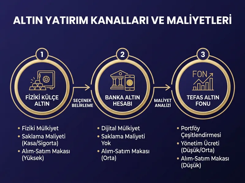 Altın yatırımcılarının tercih edebileceği 3 ana yatırım kanalının kuşbakışı yapısı.