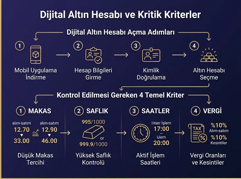 Altın hesabı açma sürecinde kontrol edilmesi gereken 4 temel kriteri gösteren bilgi grafiği.