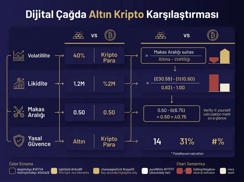 Altın ve kripto para varlıklarının temel finansal parametrelerdeki farklarını özetleyen grafik.