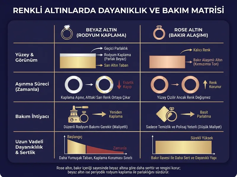 Beyaz altındaki rodyum kaplama yıpranması ile rose altındaki bakır sertliğinin uzun vadeli dayanıklılık karşılaştırması.