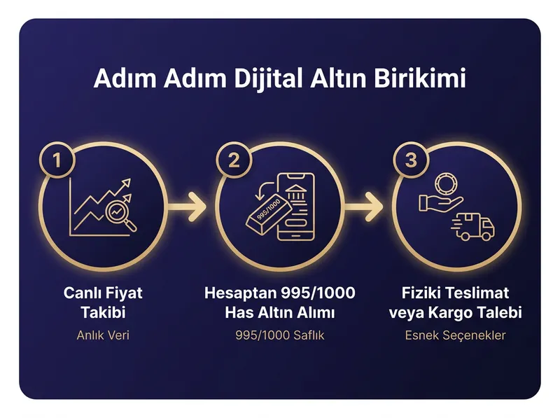 Adım adım akış şeması: Canlı fiyat takibi -> Hesaptan 995/1000 saflıkta has altın alımı -> Fiziki teslimat veya kargo talebi.