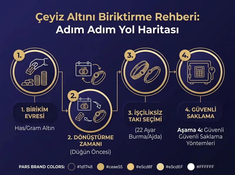 Çeyiz altını biriktirme sürecinin 4 temel aşamasını gösteren adım adım yol haritası infografiği.
