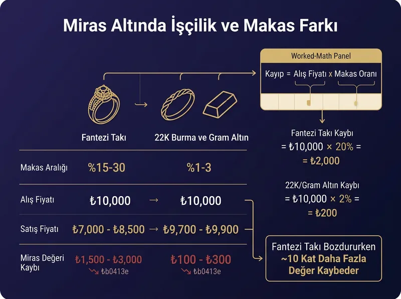 Miras takılarının bozdurulması sırasındaki işçilik kaybı ve makas farkını gösteren infographic.