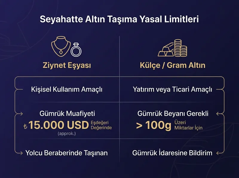 Yurt dışı ve gümrük geçişlerinde ziynet ve külçe altın arasındaki yasal limit farklarını gösteren infographic