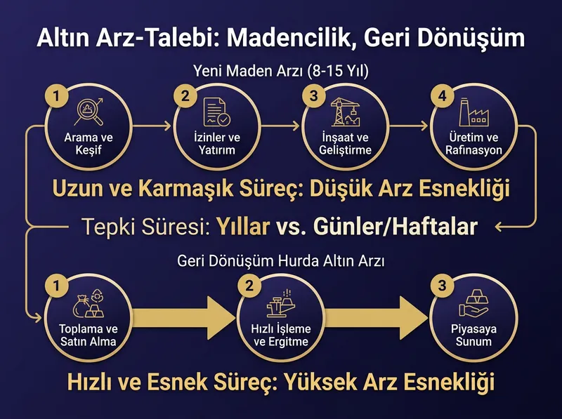 Yeni maden arzı ile yastık altı hurda altının piyasaya arz edilme süreçlerinin esneklik farkını açıklayan infografik.