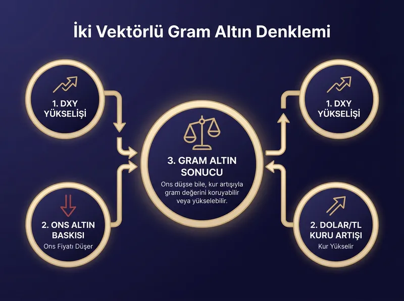 Küresel DXY hareketlerinin gram altın üzerindeki çift yönlü mekanizmasını ve hesaplama dengesini gösteren akış diyagramı.