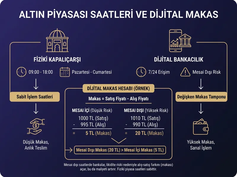 Kapalıçarşı fiziki piyasa çalışma saatleri (09:00-18:00 Cumartesi dahil) ile banka dijital makas tamponunun karşılaştırma diyagramı.