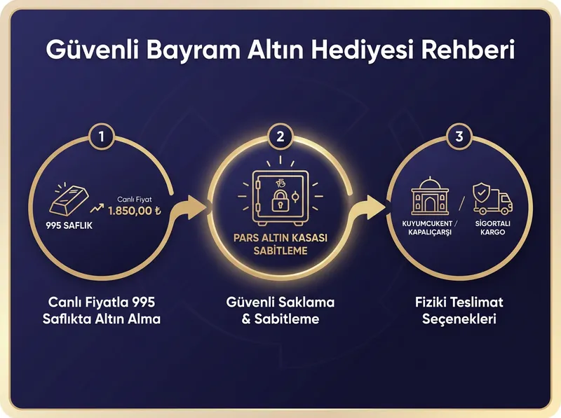 Pars Global Gold ile Güvenli Bayram Hediyesi Akışı: Canlı fiyatla 995 saflıkta altın alma -> Pars Altın Kasası sabitleme -> Kuyumcukent / Kapalıçarşı veya sigortalı kargo ile fiziki teslimat.