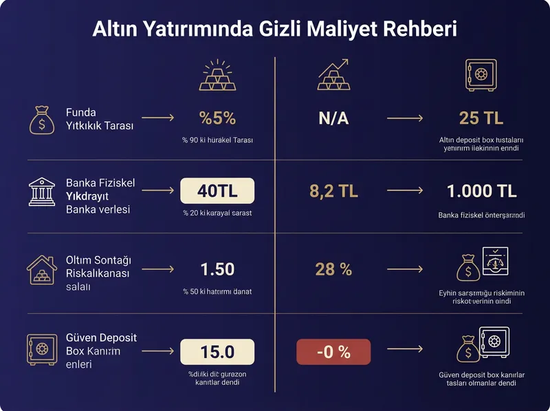Farklı altın yatırım kanallarında karşılaşılan gizli masraf ve stopaj yüklerini özetleyen şema.
