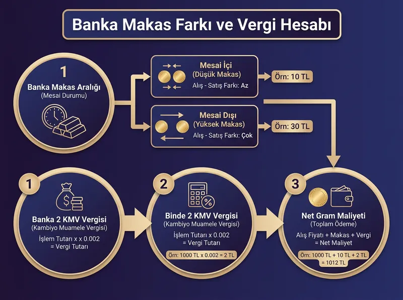 Online altın alırken makas ve vergi kesintilerinin net maliyete etkisini gösteren hesaplama infografiği.