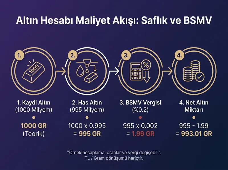 Saflık esası (milyem) ve BSMV vergisinin toplam maliyete etkisini açıklayan matematiksel akış şeması.