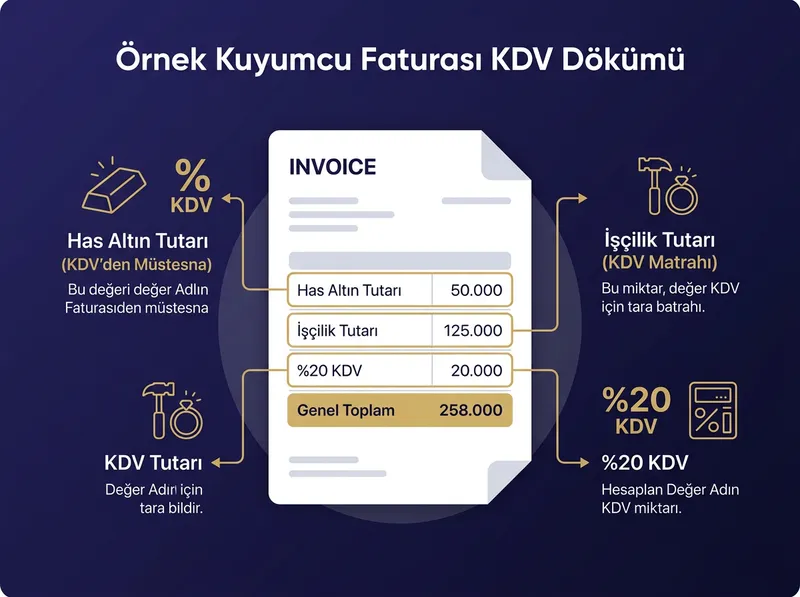 Doğru düzenlenmiş bir kuyumcu faturasında yer alması gereken vergi kalemleri ve satır analizi.
