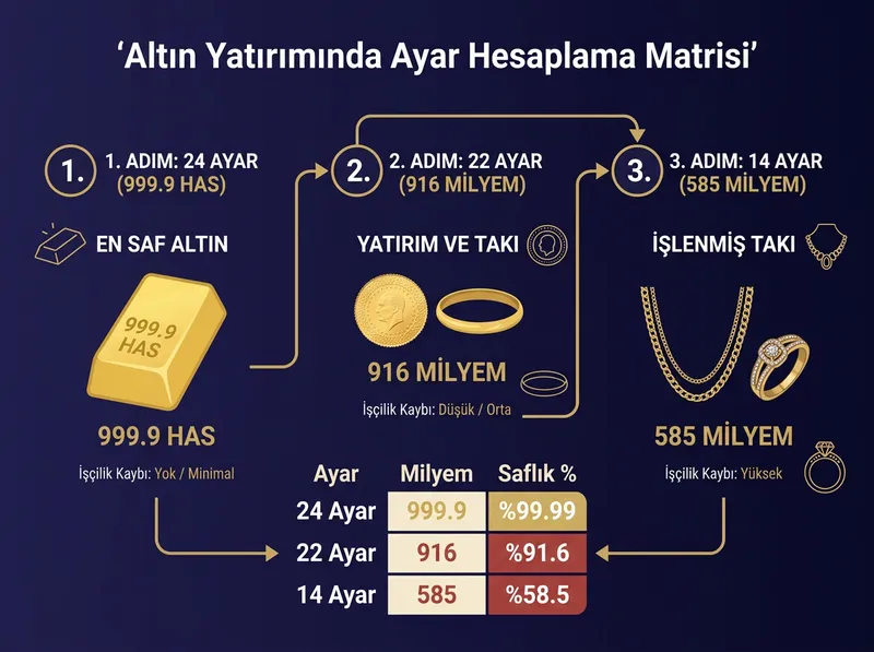 Farklı altın ayarlarının saf altın içeriklerini ve takı ile yatırım altını arasındaki işçilik farkını gösteren infografik.