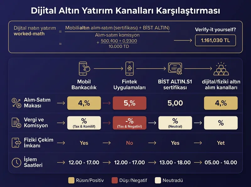 Mobil altın yatırım kanallarının makas, vergi, fiziki çekim imkanı ve işlem saatleri açısından detaylı karşılaştırması.