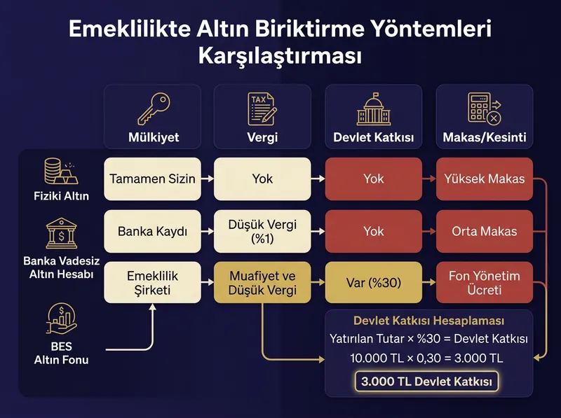 Fiziki altın, banka hesabı ve BES altın fonu arasındaki temel farkları gösteren karşılaştırmalı grafik.