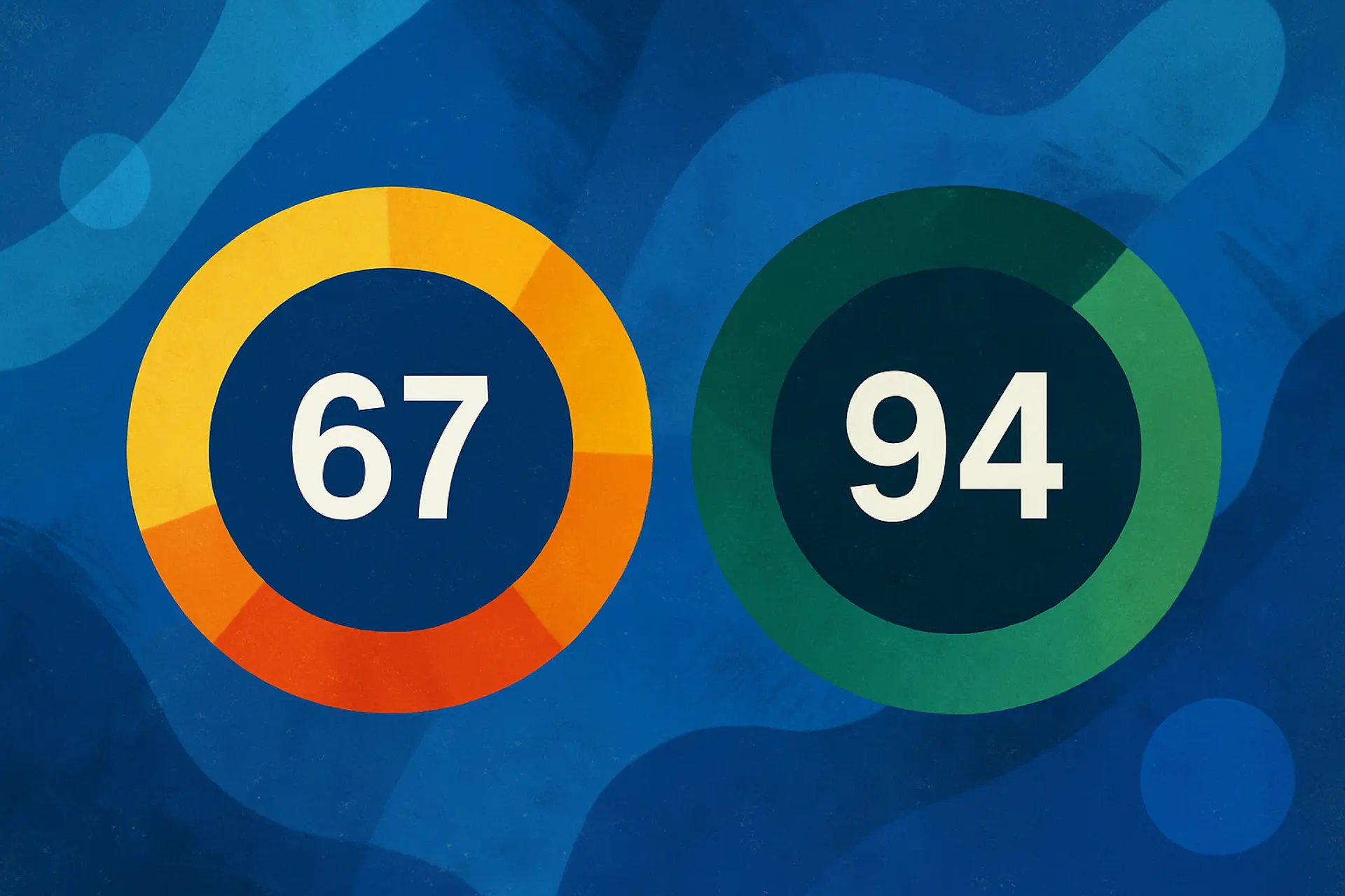 Illustration of two website performance meters, resembling Google Lighthouse scores