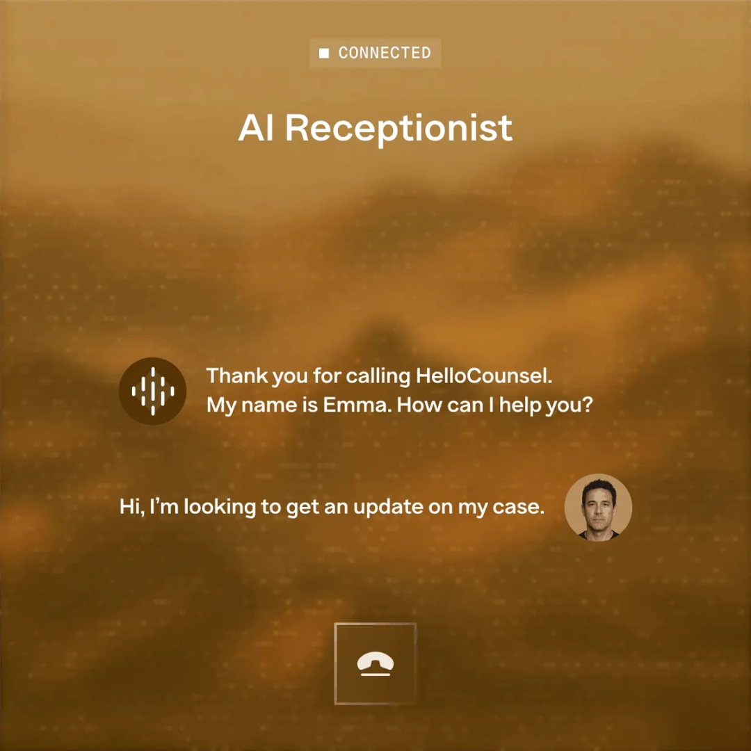 HelloCounsel AI receptionist answering an inbound call from a client asking for an update on her case