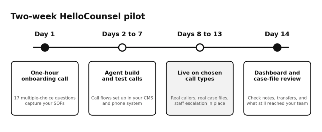 Two-week pilot timeline from onboarding to day-14 review