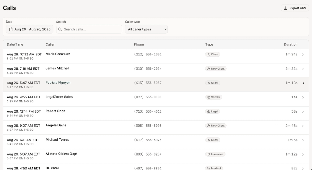 HelloCounsel call log with callers tagged as client, new client, vendor, legal, insurance, and medical