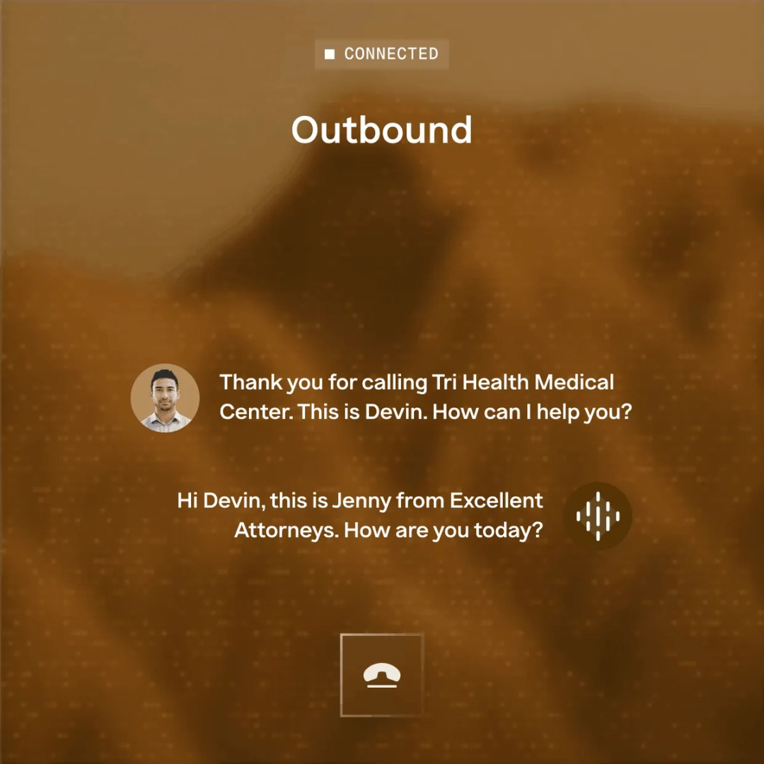 HelloCounsel AI voice agent on an outbound call to a medical center, with the live call transcript shown