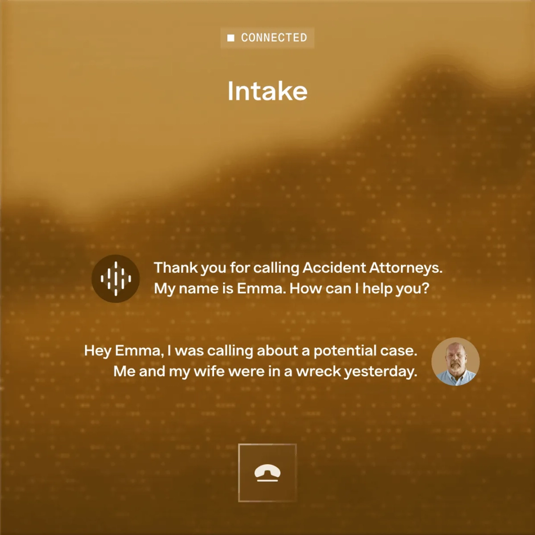 HelloCounsel AI intake agent taking a new-lead call about a car accident, with the live call transcript shown