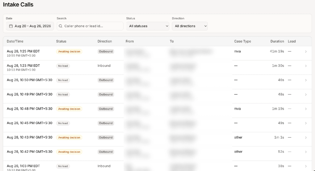 HelloCounsel intake call log showing inbound and outbound calls with lead status, case type, and duration