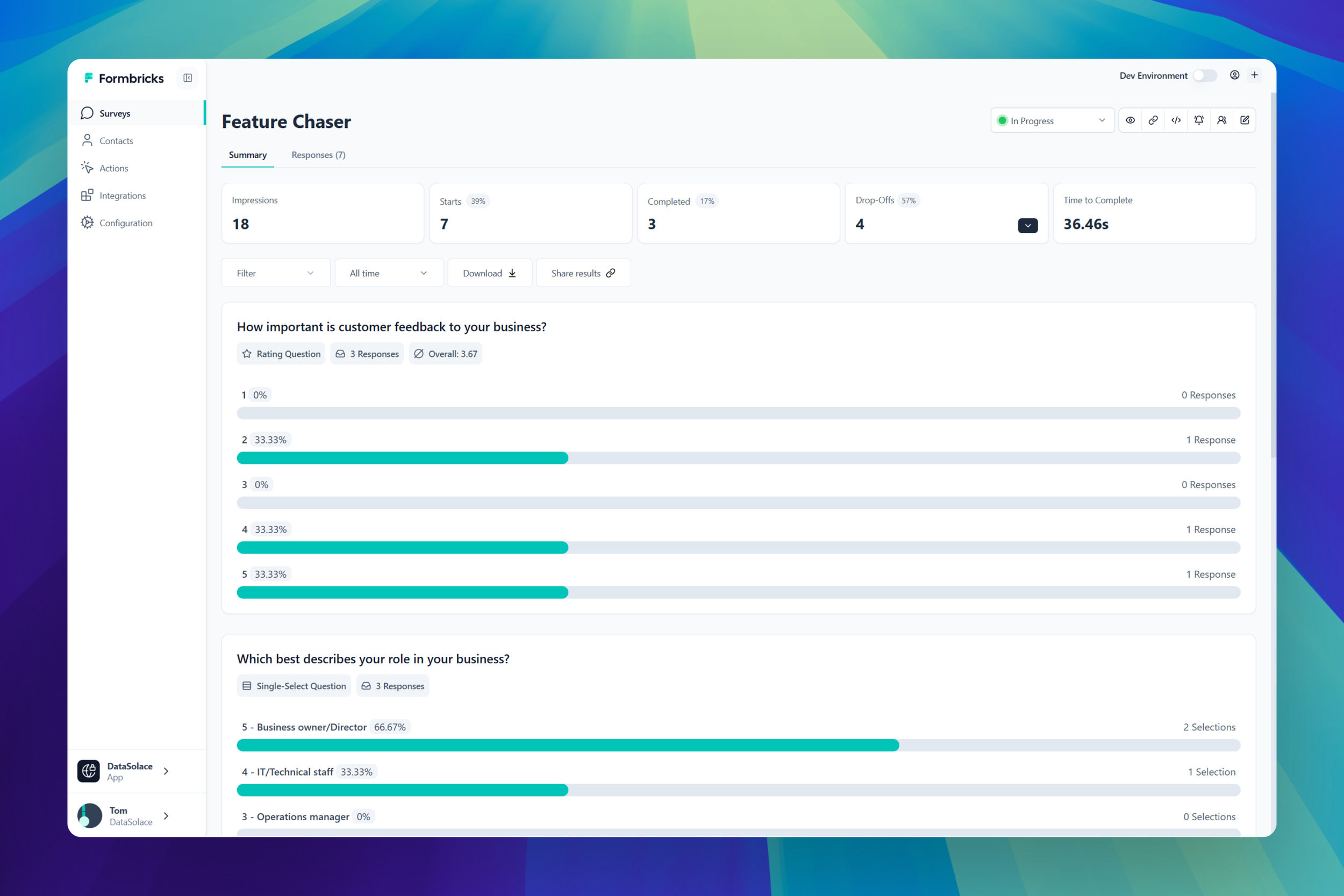  The Formbricks management interface is a great starting point for survey analytics, but integrations can provide even more value. 