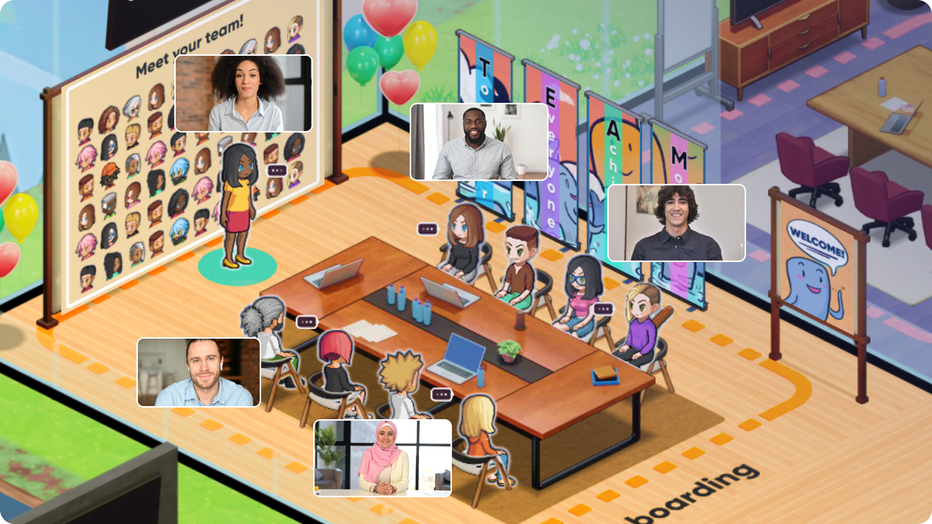 A remote team doing new hire onboarding inside a virtual office room set up for this purpose