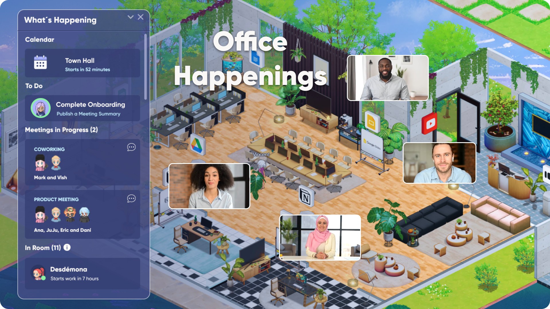 A snapshot of the SoWork virtual office menu, showing teammates online and in meetings