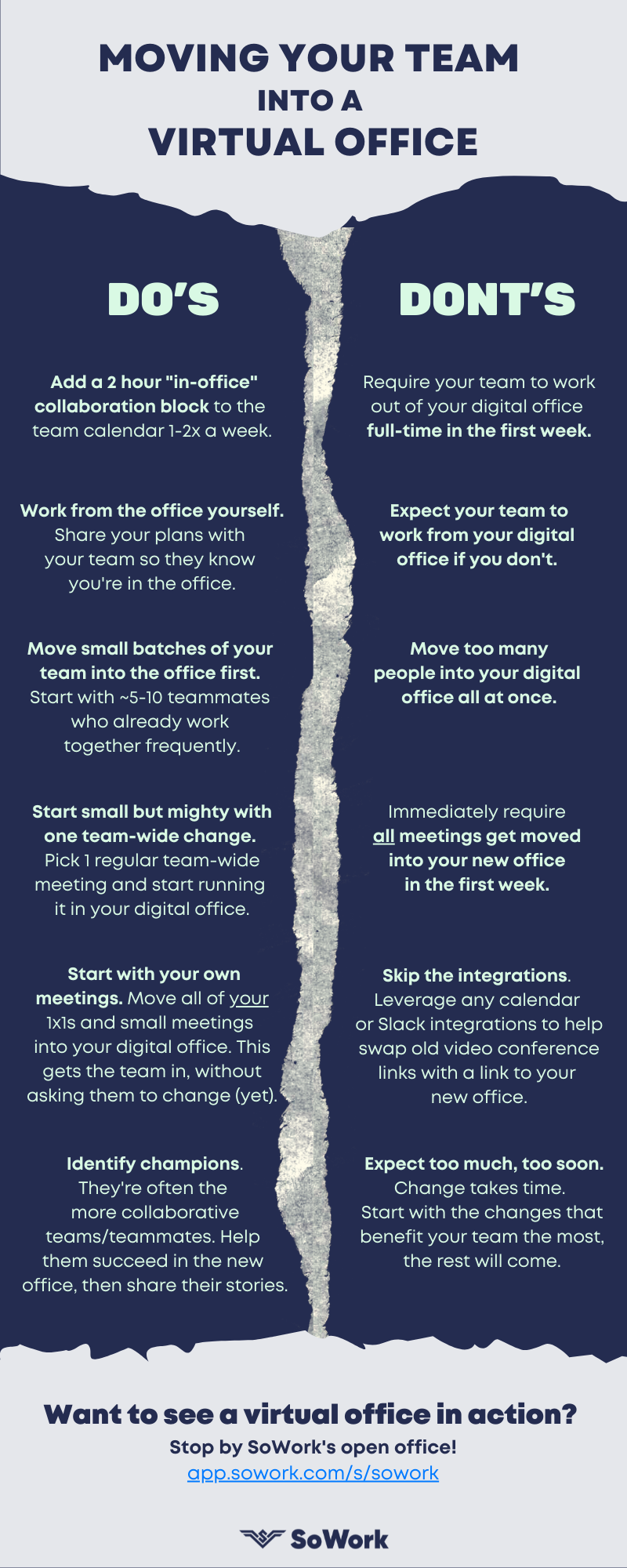 Infographic showcasing a list of Do's and Dont's when moving your team into a virtual office