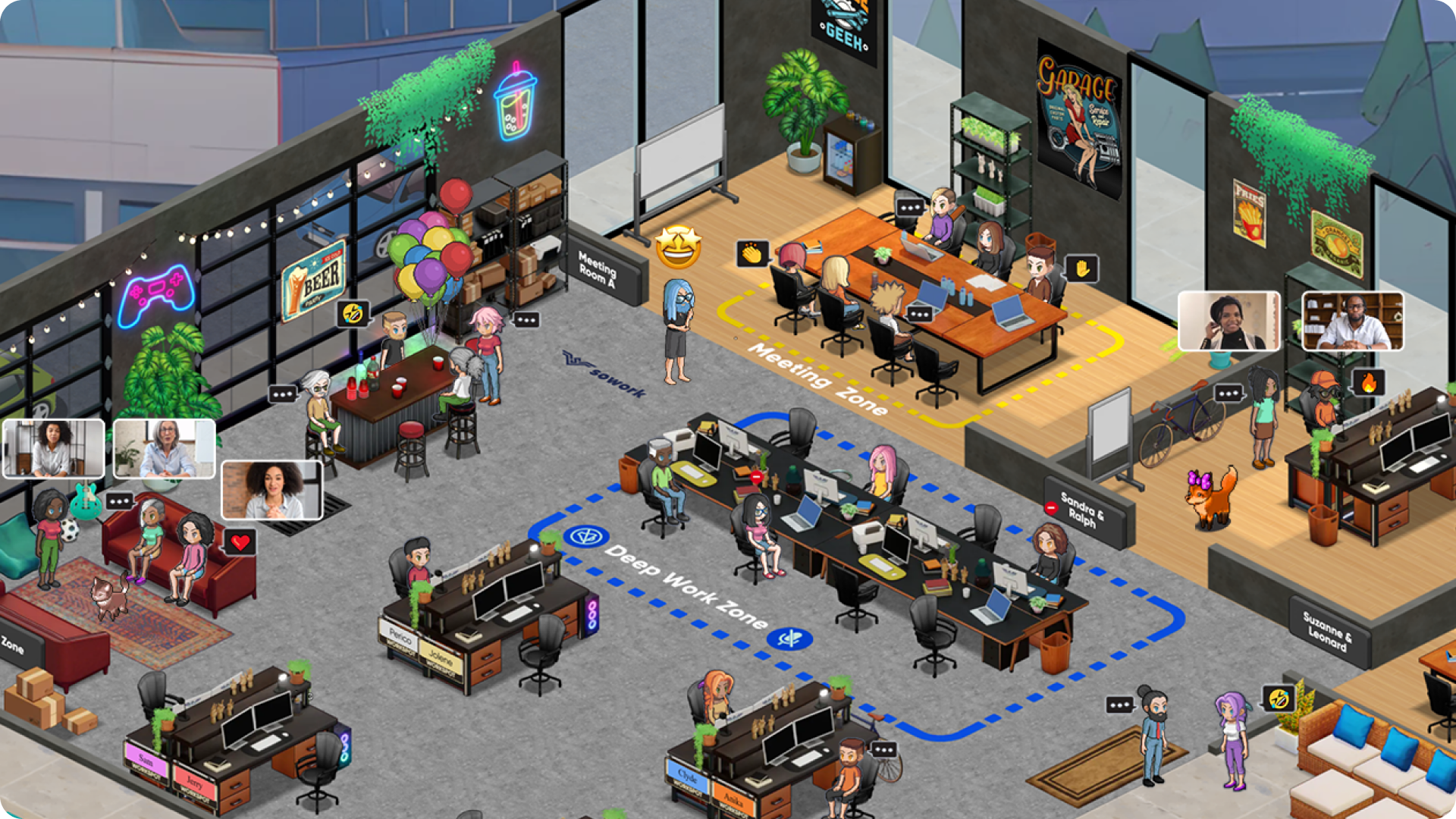 A virtual office showing a remote team working, playing games, collaborating