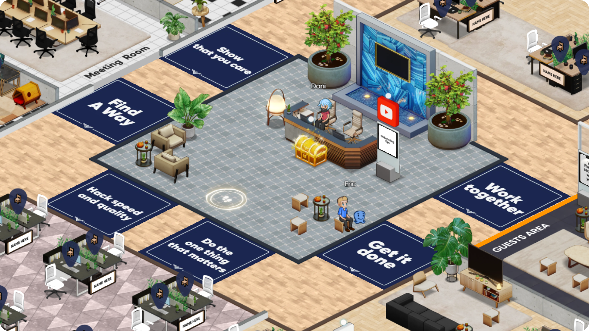 An image showing how a virtual office can display a company's values on the floors and walls