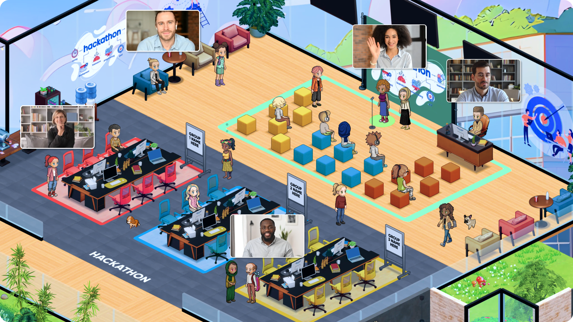 A remote team running a hackathon in a virtual office