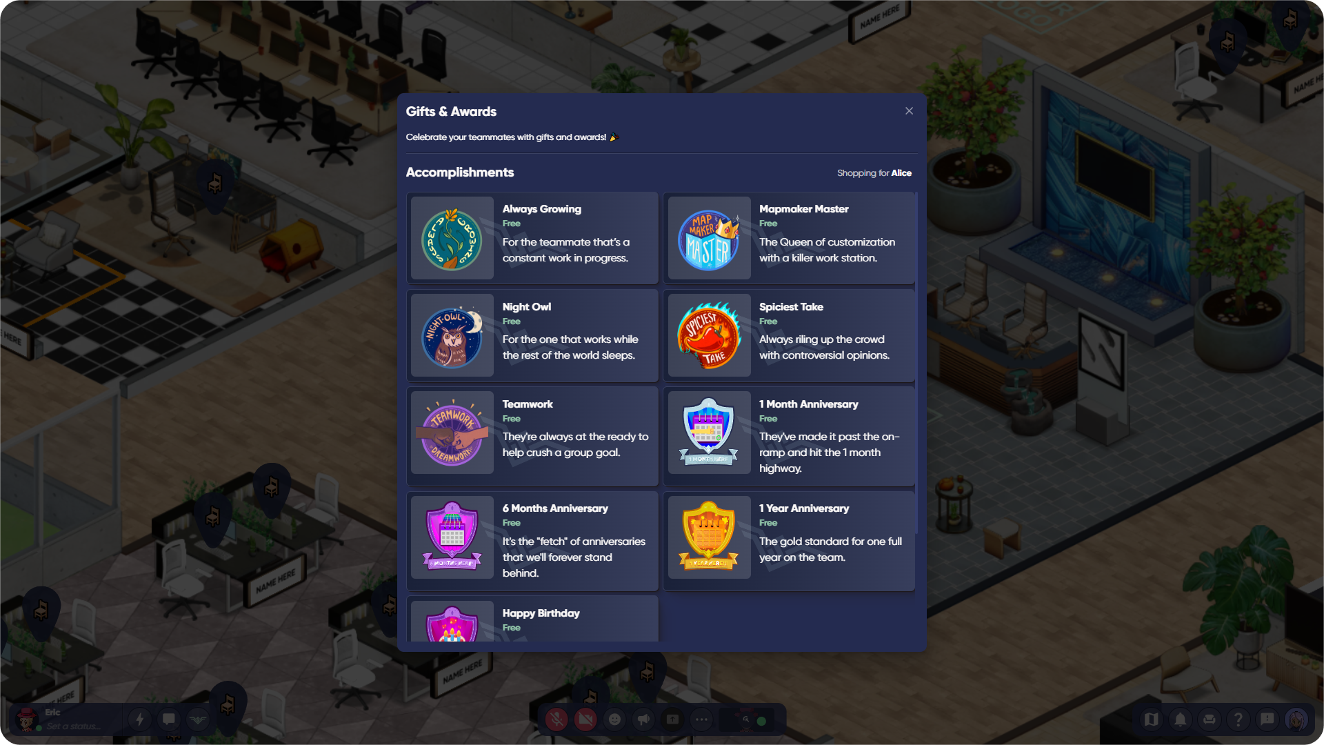 An image showing the awards that can be given to a teammate in a SoWork virtual office