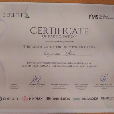 Zobair Najdaoui certificate of participant on Cursor x MiniMax x Healthcare Hackathon