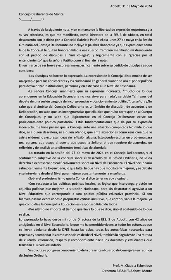 Carta en disidencia de la Prof. M. Claudia Echenique Directora E.E.S N°3 Abbott