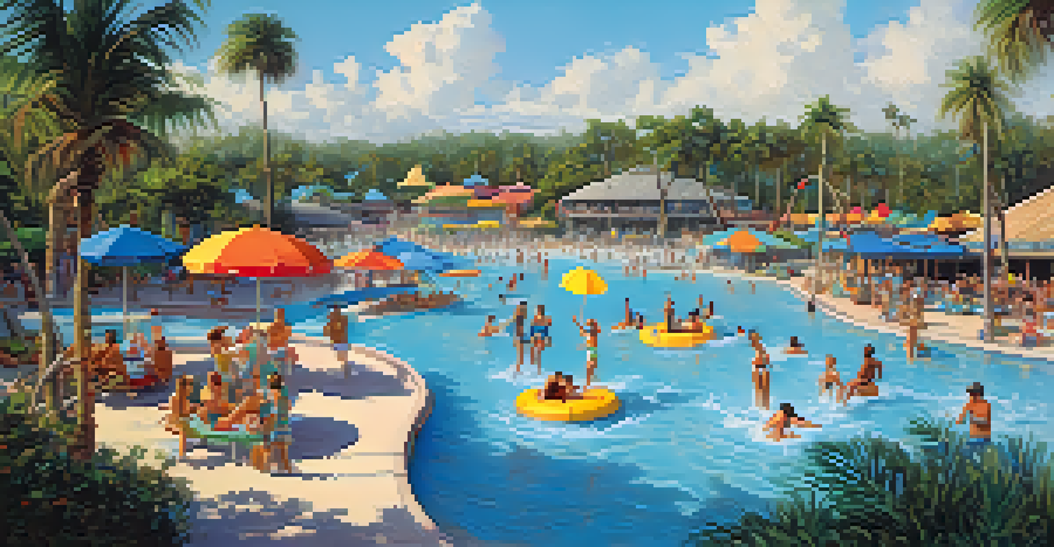 Visitors enjoying Typhoon Lagoon water park, with splashes in the wave pool, water slides, and colorful umbrellas under a blue sky.